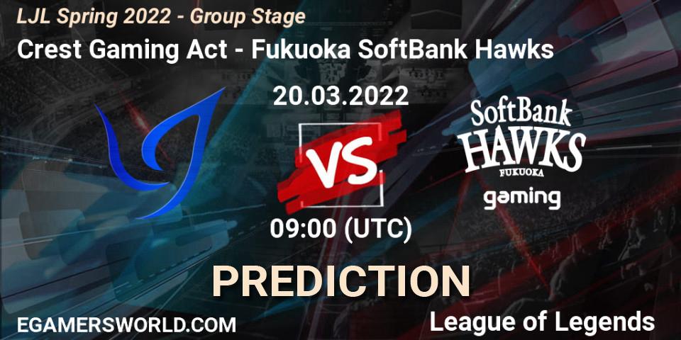 Prognose für das Spiel Crest Gaming Act VS Fukuoka SoftBank Hawks. 20.03.2022 at 09:00. LoL - LJL Spring 2022 - Group Stage