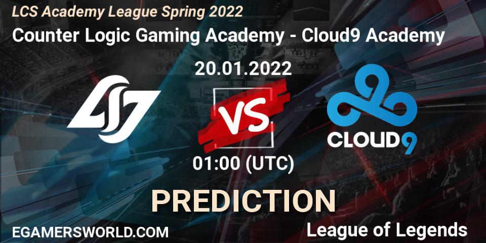 Prognose für das Spiel Counter Logic Gaming Academy VS Cloud9 Academy. 20.01.2022 at 01:00. LoL - LCS Academy League Spring 2022