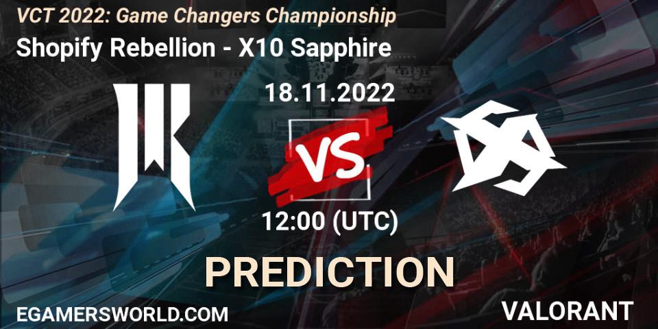 Prognose für das Spiel Shopify Rebellion VS X10 Sapphire. 18.11.2022 at 12:15. VALORANT - VCT 2022: Game Changers Championship