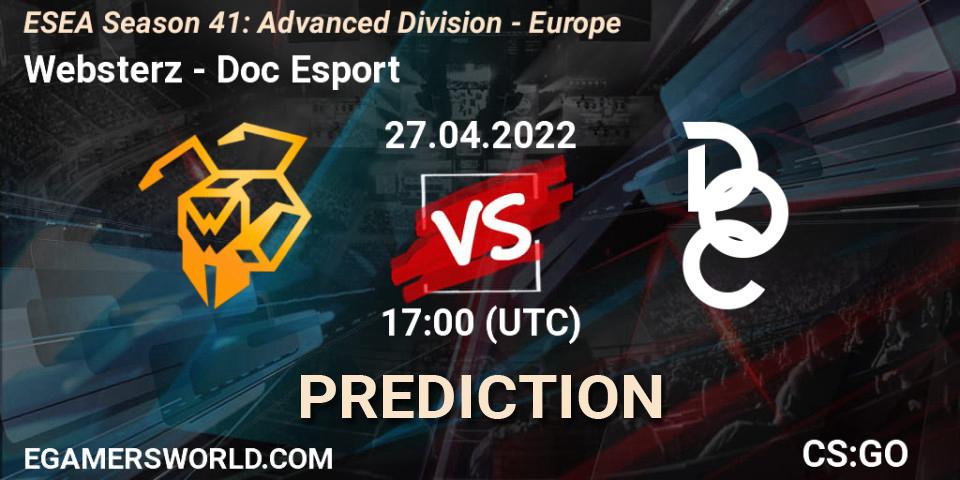 Prognose für das Spiel Websterz VS Doc Esport. 27.04.2022 at 17:00. Counter-Strike (CS2) - ESEA Season 41: Advanced Division - Europe