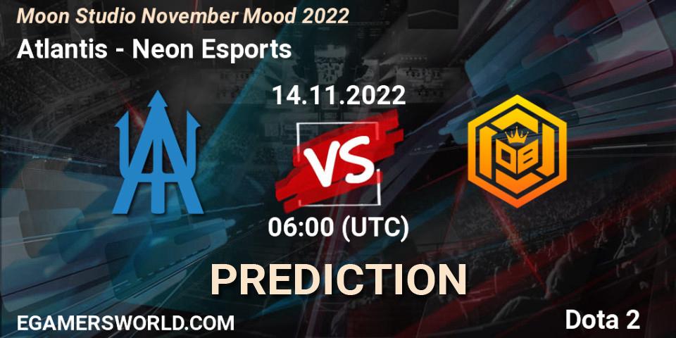 Prognose für das Spiel Atlantis VS Neon Esports. 14.11.2022 at 06:07. Dota 2 - Moon Studio November Mood 2022