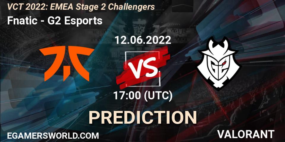 Prognose für das Spiel Fnatic VS G2 Esports. 12.06.2022 at 17:00. VALORANT - VCT 2022: EMEA Stage 2 Challengers