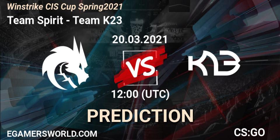Prognose für das Spiel Team Spirit VS Team K23. 20.03.2021 at 12:20. Counter-Strike (CS2) - Winstrike CIS Cup Spring 2021
