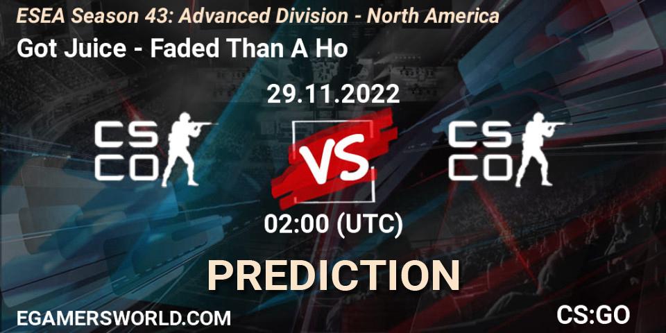 Prognose für das Spiel Got Juice VS Faded Than A Ho. 29.11.22. CS2 (CS:GO) - ESEA Season 43: Advanced Division - North America
