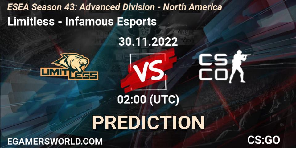 Prognose für das Spiel Limitless VS Infamous Esports. 30.11.22. CS2 (CS:GO) - ESEA Season 43: Advanced Division - North America