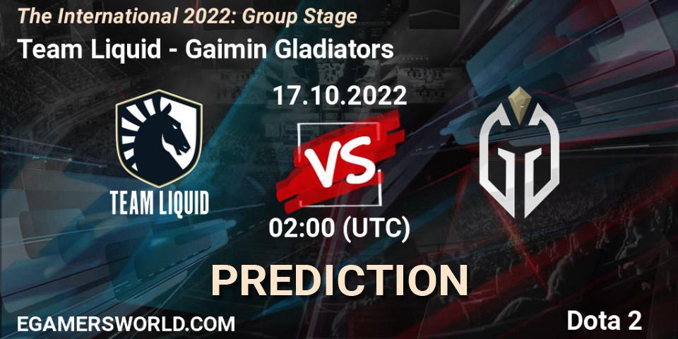 Prognose für das Spiel Team Liquid VS Gaimin Gladiators. 17.10.2022 at 02:00. Dota 2 - The International 2022: Group Stage