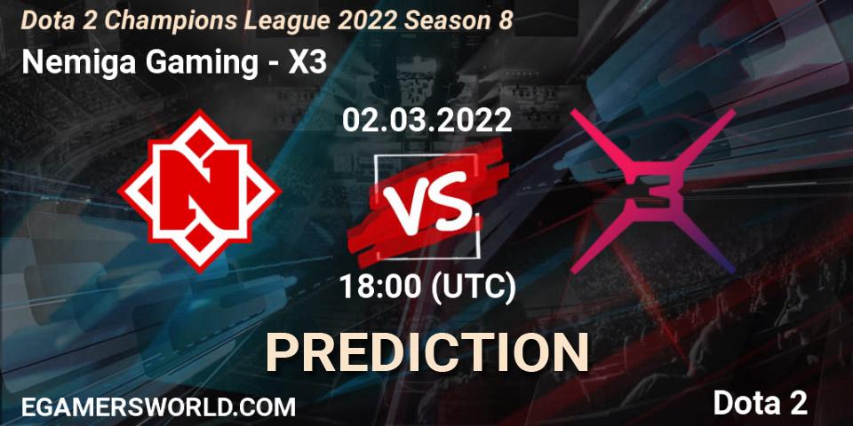 Prognose für das Spiel Nemiga Gaming VS X3. 22.03.2022 at 18:10. Dota 2 - Dota 2 Champions League 2022 Season 8