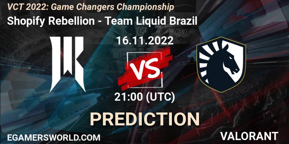 Prognose für das Spiel Shopify Rebellion VS Team Liquid Brazil. 17.11.2022 at 14:15. VALORANT - VCT 2022: Game Changers Championship