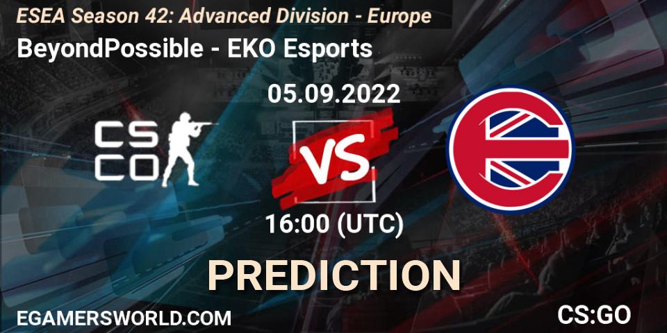 Prognose für das Spiel BeyondPossible VS EKO Esports. 05.09.2022 at 16:00. Counter-Strike (CS2) - ESEA Season 42: Advanced Division - Europe