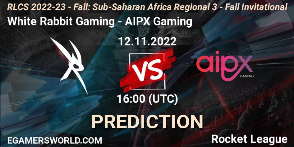 Prognose für das Spiel White Rabbit Gaming VS AIPX Gaming. 12.11.2022 at 16:00. Rocket League - RLCS 2022-23 - Fall: Sub-Saharan Africa Regional 3 - Fall Invitational
