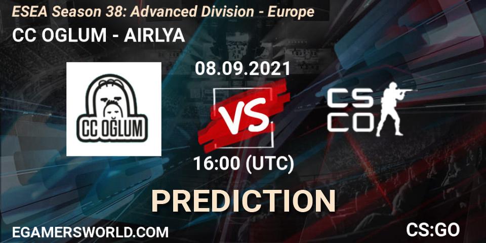 Prognose für das Spiel CC OGLUM VS AIRLYA. 08.09.2021 at 16:00. Counter-Strike (CS2) - ESEA Season 38: Advanced Division - Europe