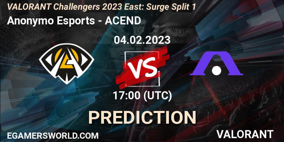 Prognose für das Spiel Anonymo Esports VS ACEND. 04.02.23. VALORANT - VALORANT Challengers 2023 East: Surge Split 1
