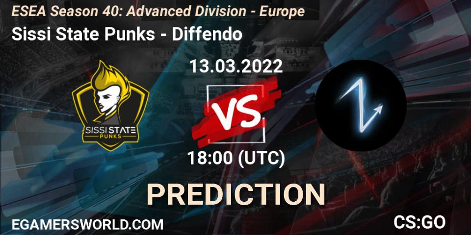 Prognose für das Spiel Sissi State Punks VS Diffendo. 13.03.2022 at 18:00. Counter-Strike (CS2) - ESEA Season 40: Advanced Division - Europe
