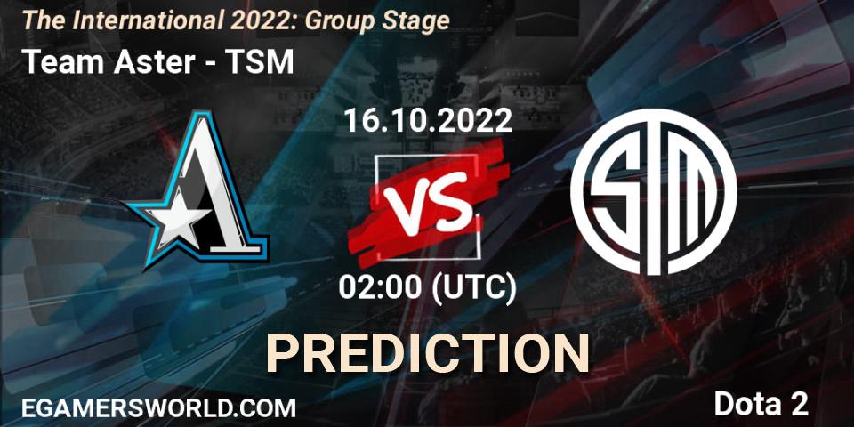 Prognose für das Spiel Team Aster VS TSM. 16.10.2022 at 02:01. Dota 2 - The International 2022: Group Stage