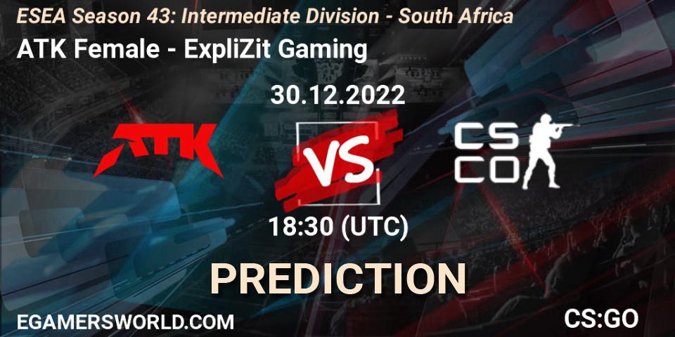 Prognose für das Spiel ATK Female VS ExpliZit Gaming. 29.12.2022 at 18:30. Counter-Strike (CS2) - ESEA Season 43: Intermediate Division - South Africa