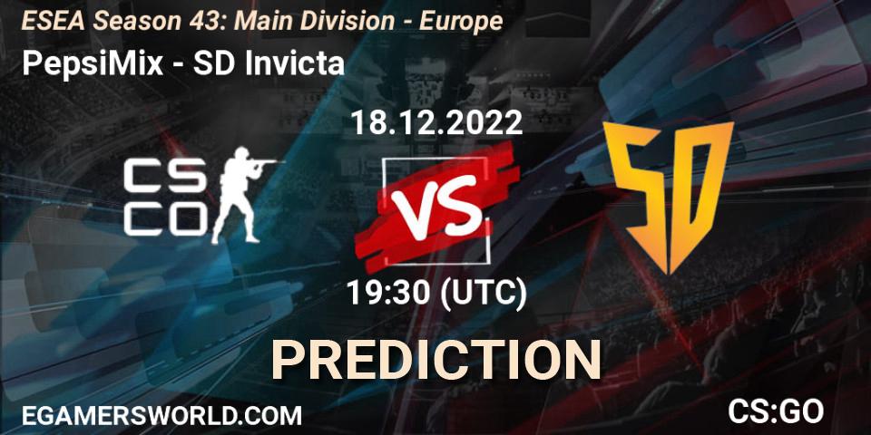 Prognose für das Spiel PepsiMix VS SD Invicta. 19.12.2022 at 18:00. Counter-Strike (CS2) - ESEA Season 43: Main Division - Europe