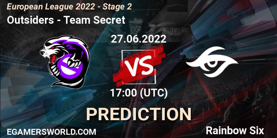 Prognose für das Spiel Outsiders VS Team Secret. 27.06.2022 at 16:00. Rainbow Six - European League 2022 - Stage 2