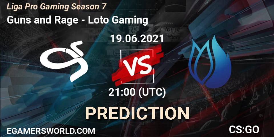 Prognose für das Spiel Guns and Rage VS Loto. 19.06.2021 at 21:00. Counter-Strike (CS2) - Liga Pro Gaming Season 7