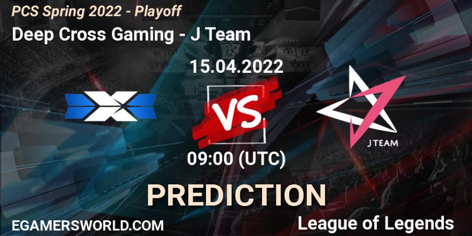 Prognose für das Spiel Deep Cross Gaming VS J Team. 15.04.2022 at 09:00. LoL - PCS Spring 2022 - Playoff