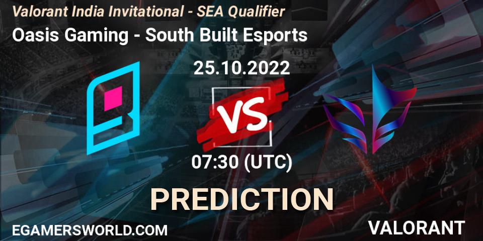 Prognose für das Spiel Oasis Gaming VS South Built Esports. 25.10.2022 at 07:30. VALORANT - Valorant India Invitational - SEA Qualifier