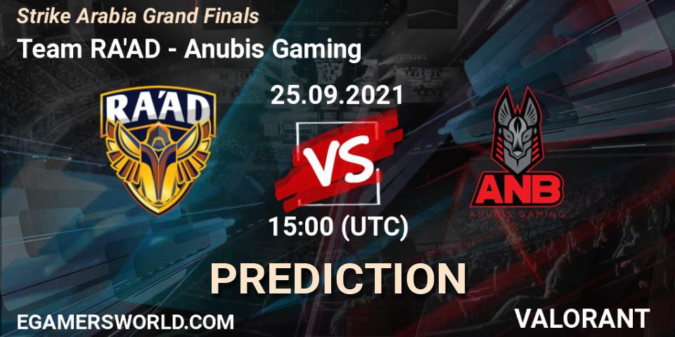 Prognose für das Spiel Team RA'AD VS Anubis Gaming. 25.09.2021 at 16:00. VALORANT - Strike Arabia Grand Finals