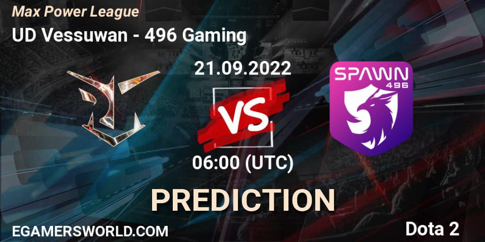 Prognose für das Spiel UD Vessuwan VS 496 Gaming. 21.09.2022 at 06:16. Dota 2 - Max Power League