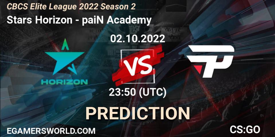 Prognose für das Spiel Stars Horizon VS paiN Academy. 02.10.2022 at 23:50. Counter-Strike (CS2) - CBCS Elite League 2022 Season 2
