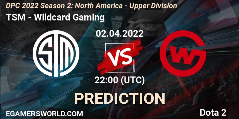 Prognose für das Spiel TSM VS Wildcard Gaming. 02.04.22. Dota 2 - DPC 2021/2022 Tour 2 (Season 2): NA Division I (Upper) - ESL One Spring 2022