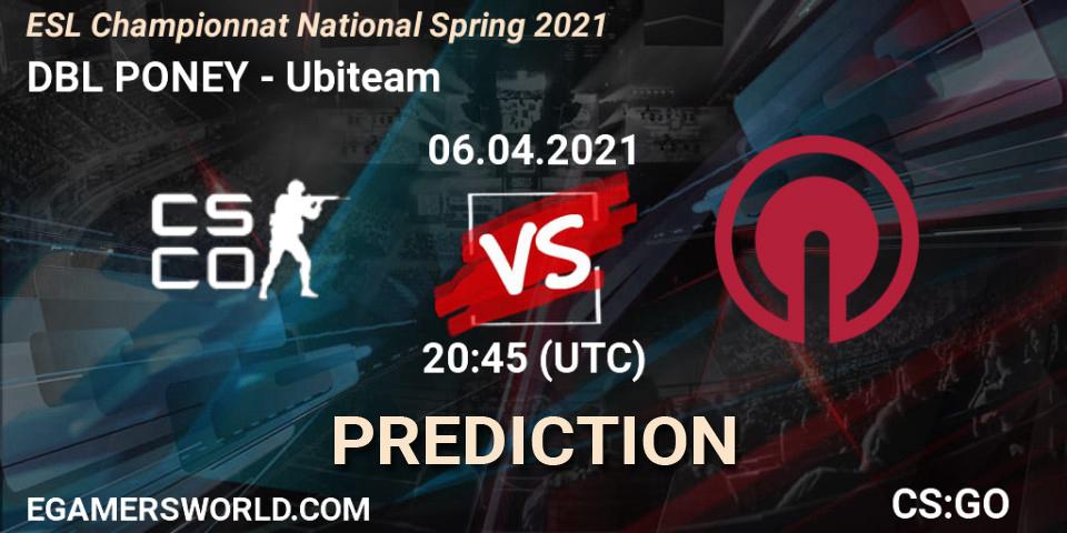 Prognose für das Spiel DBL PONEY VS Ubiteam. 13.04.2021 at 20:00. Counter-Strike (CS2) - ESL Championnat National Spring 2021