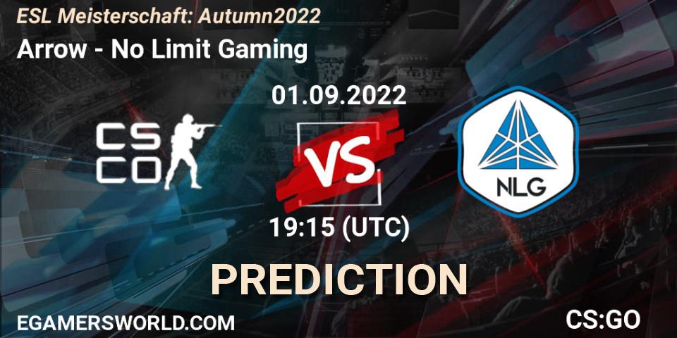 Prognose für das Spiel Arrow VS No Limit Gaming. 01.09.2022 at 19:15. Counter-Strike (CS2) - ESL Meisterschaft: Autumn 2022