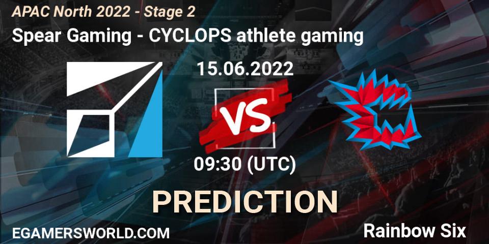 Prognose für das Spiel Spear Gaming VS CYCLOPS athlete gaming. 15.06.2022 at 09:30. Rainbow Six - APAC North 2022 - Stage 2