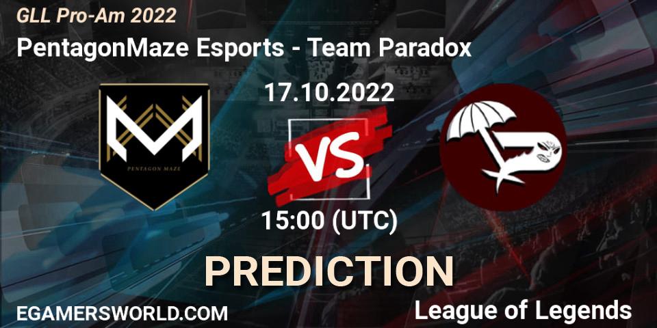Prognose für das Spiel PentagonMaze Esports VS Team Paradox. 17.10.2022 at 18:30. LoL - GLL Pro-Am 2022