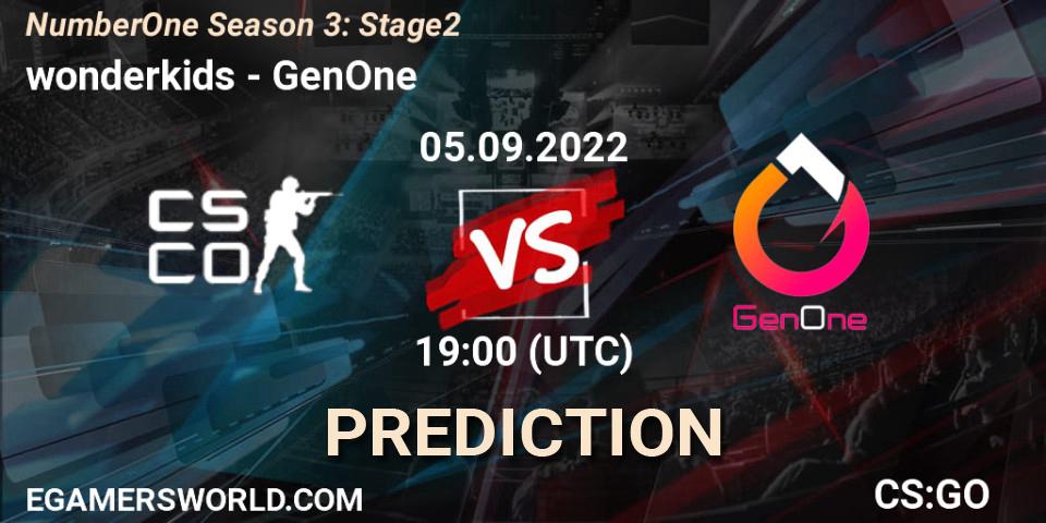 Prognose für das Spiel wonderkids VS GenOne. 05.09.2022 at 18:00. Counter-Strike (CS2) - NumberOne Season 3: Stage 2
