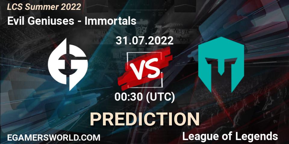 Prognose für das Spiel Evil Geniuses VS Immortals. 31.07.2022 at 01:00. LoL - LCS Summer 2022
