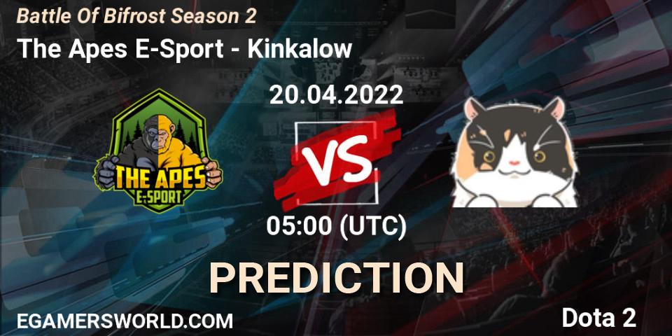 Prognose für das Spiel The Apes E-Sport VS Kinkalow. 20.04.2022 at 05:05. Dota 2 - Battle Of Bifrost Season 2