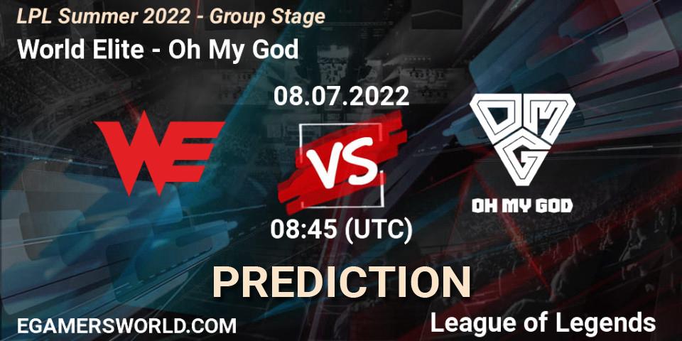 Prognose für das Spiel World Elite VS Oh My God. 08.07.2022 at 09:00. LoL - LPL Summer 2022 - Group Stage