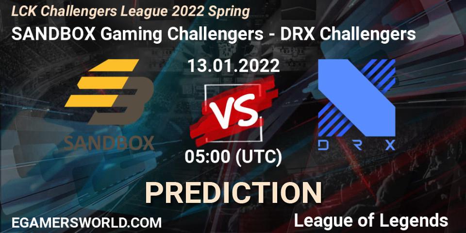 Prognose für das Spiel SANDBOX Gaming Challengers VS DRX Challengers. 13.01.2022 at 05:00. LoL - LCK Challengers League 2022 Spring