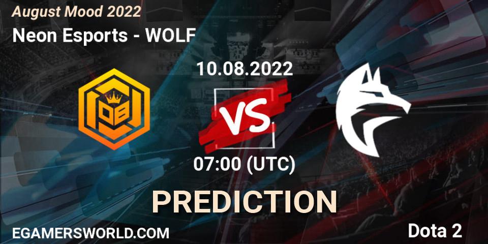Prognose für das Spiel Neon Esports VS WOLF. 10.08.22. Dota 2 - August Mood 2022