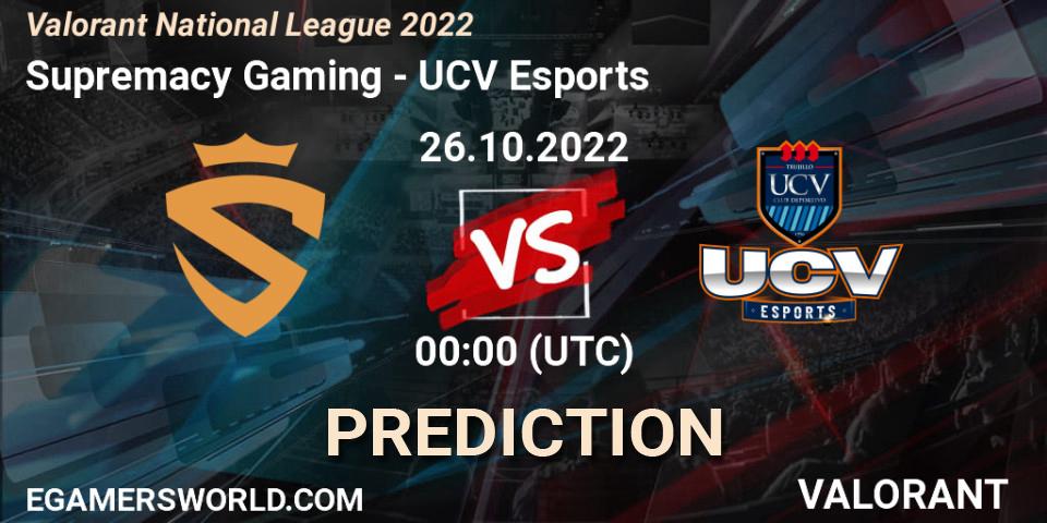 Prognose für das Spiel Supremacy Gaming VS UCV Esports. 26.10.22. VALORANT - Valorant National League 2022