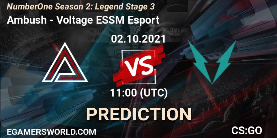 Prognose für das Spiel Ambush VS Voltage ESSM Esport. 02.10.2021 at 11:00. Counter-Strike (CS2) - NumberOne Season 2: Legend Stage 3