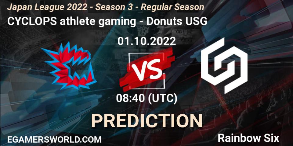 Prognose für das Spiel CYCLOPS athlete gaming VS Donuts USG. 01.10.2022 at 08:40. Rainbow Six - Japan League 2022 - Season 3 - Regular Season