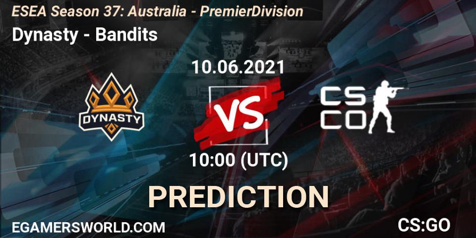 Prognose für das Spiel Dynasty VS Bandits. 10.06.2021 at 10:00. Counter-Strike (CS2) - ESEA Season 37: Australia - Premier Division
