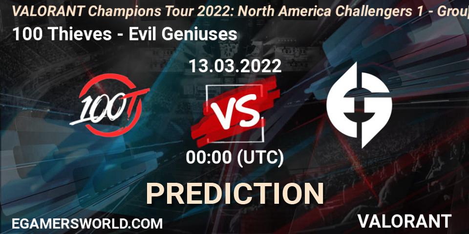 Prognose für das Spiel 100 Thieves VS Evil Geniuses. 12.03.2022 at 21:00. VALORANT - VCT 2022: North America Challengers 1 - Group Stage