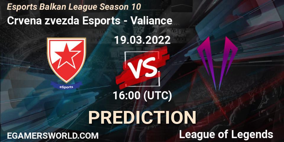 Prognose für das Spiel Crvena zvezda Esports VS Valiance. 19.03.2022 at 15:45. LoL - Esports Balkan League Season 10