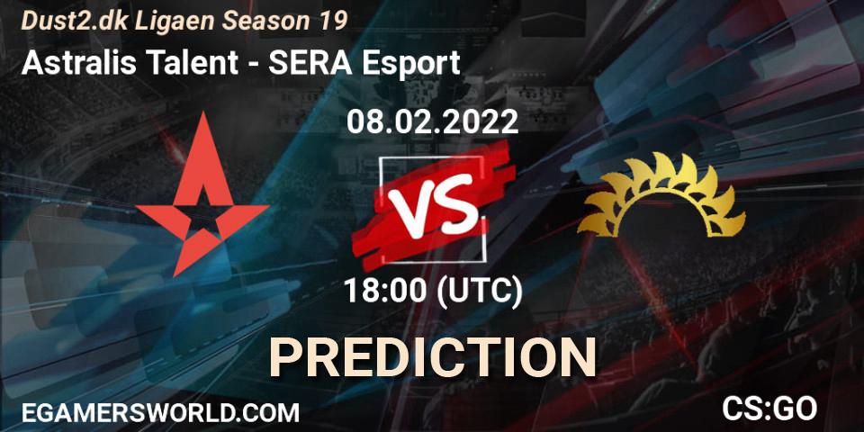 Prognose für das Spiel Astralis Talent VS SERA Esport. 08.02.2022 at 18:00. Counter-Strike (CS2) - Dust2.dk Ligaen Season 19