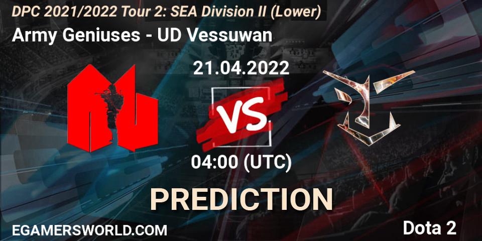 Prognose für das Spiel Army Geniuses VS UD Vessuwan. 21.04.22. Dota 2 - DPC 2021/2022 Tour 2: SEA Division II (Lower)