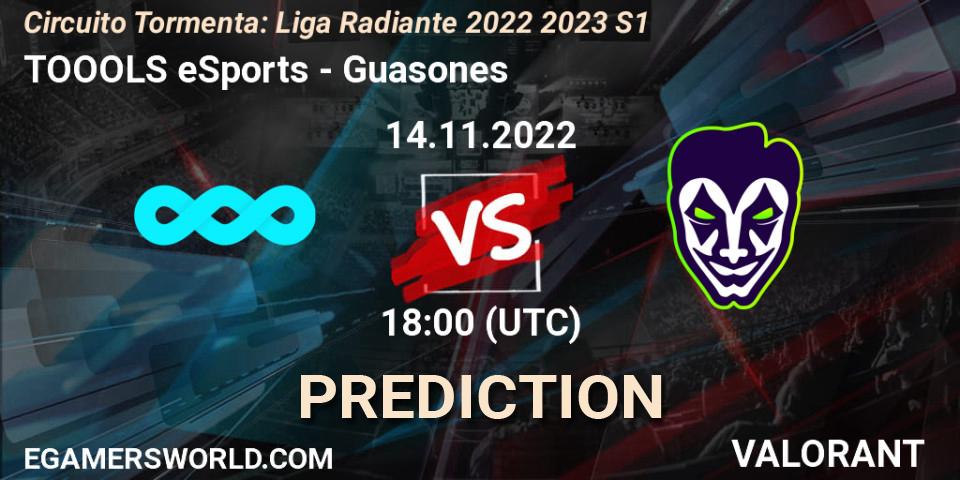 Prognose für das Spiel TOOOLS eSports VS Guasones. 14.11.2022 at 18:00. VALORANT - Circuito Tormenta: Liga Radiante 2022 2023 S1
