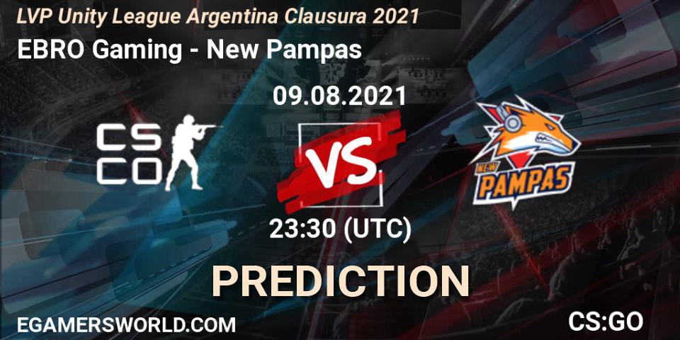 Prognose für das Spiel EBRO Gaming VS New Pampas. 09.08.2021 at 23:30. Counter-Strike (CS2) - LVP Unity League Argentina Clausura 2021
