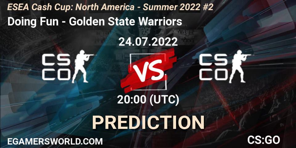 Prognose für das Spiel Doing Fun VS Golden State Warriors. 24.07.2022 at 20:00. Counter-Strike (CS2) - ESEA Cash Cup: North America - Summer 2022 #2