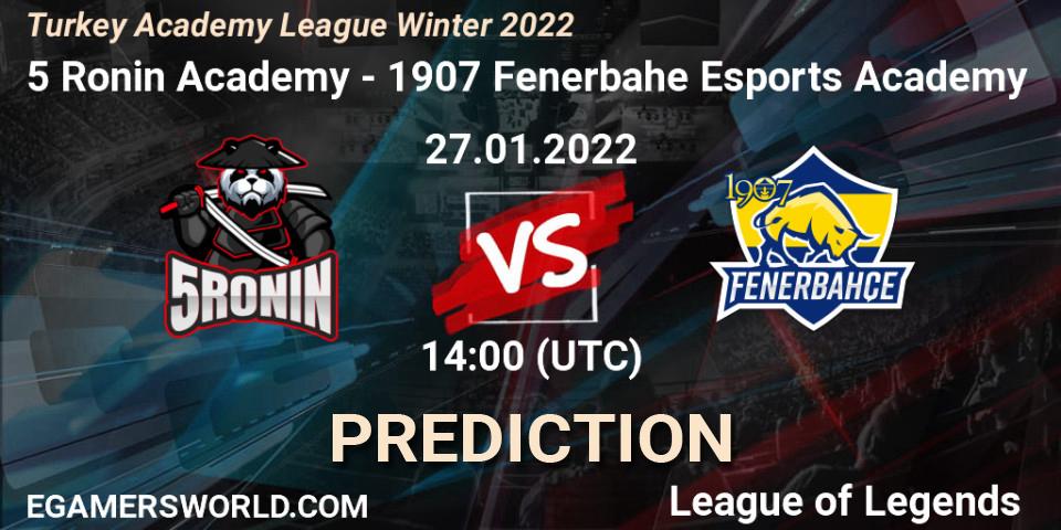 Prognose für das Spiel 5 Ronin Academy VS 1907 Fenerbahçe Esports Academy. 27.01.2022 at 14:00. LoL - Turkey Academy League Winter 2022